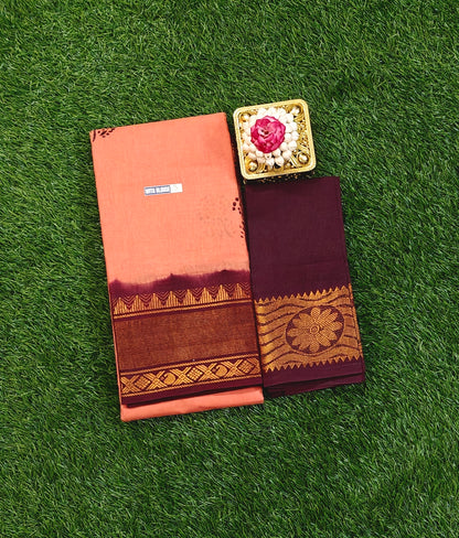 Peach Sungudi Cotton Saree with Maroon Zari Border & Contrast Blouse