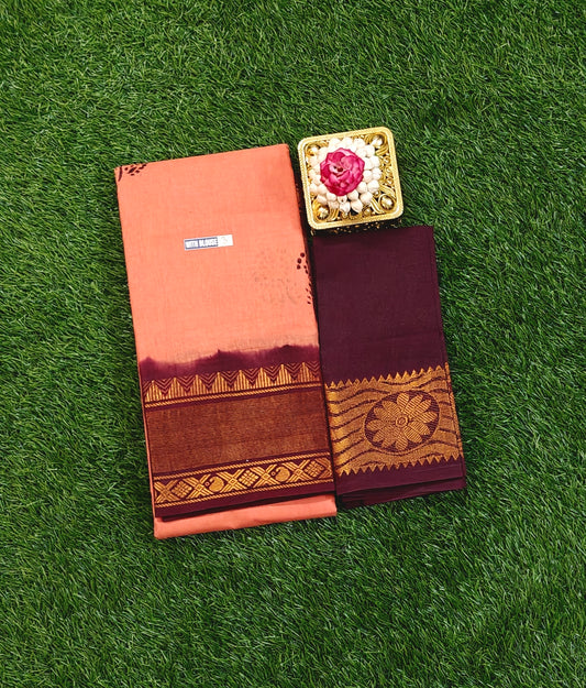 Peach Sungudi Cotton Saree with Maroon Zari Border & Contrast Blouse