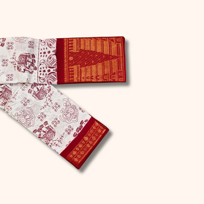 Off White Elephant & Floral Print Cotton Saree with Red Temple Border