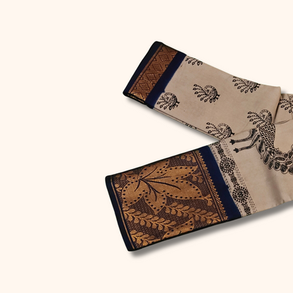 Beige Peacock Print Cotton Saree with Navy Blue Floral Border