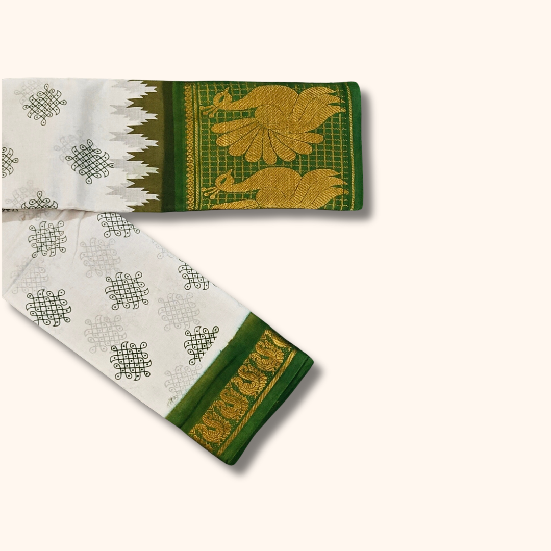 White & Green Peacock Border Kolam Sungudi Cotton Saree