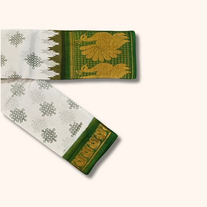 White & Green Peacock Border Kolam Sungudi Cotton Saree