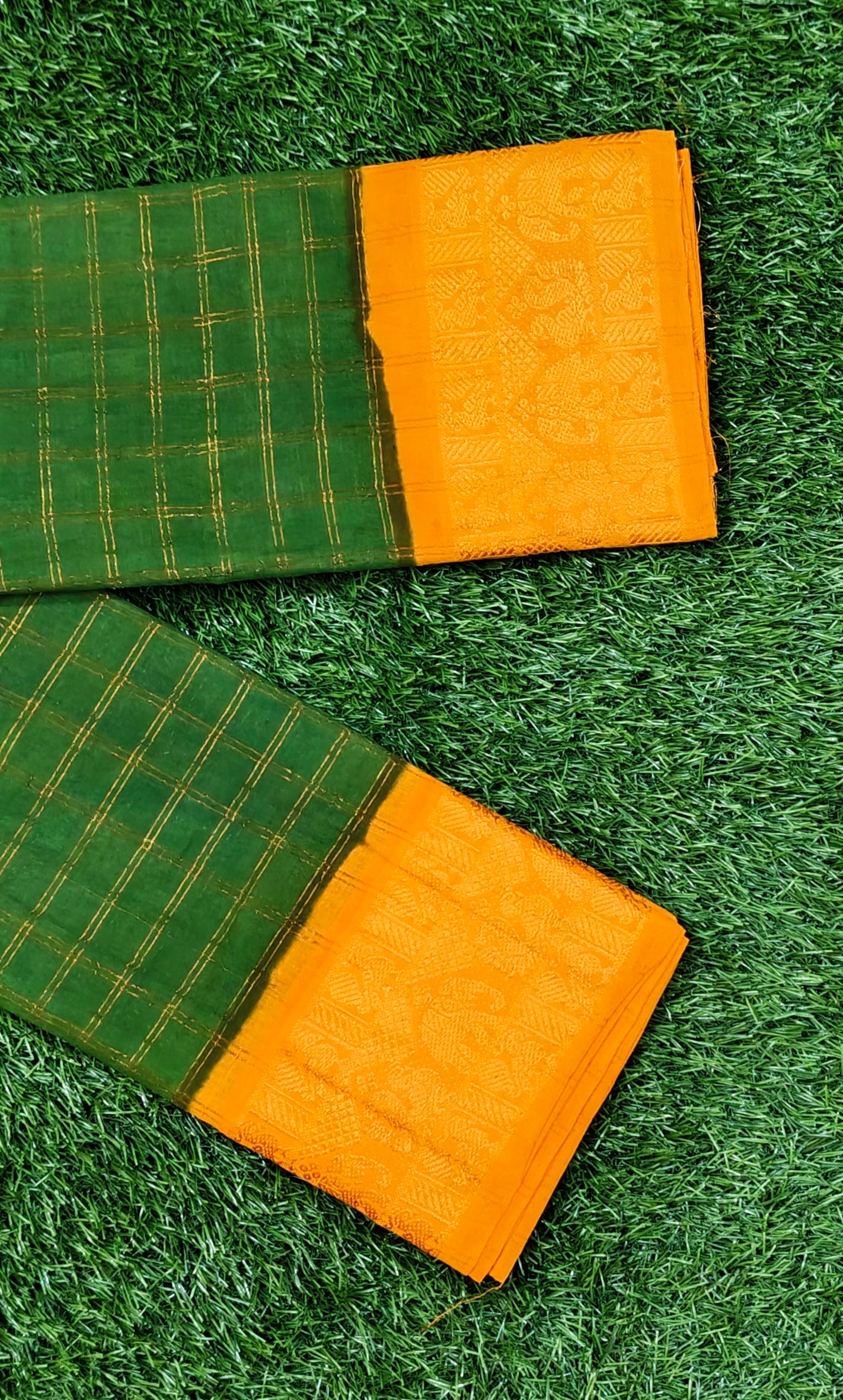 Dark Green Sungudi Cotton Saree with Golden Checks & Rich Mustard Elephant Border