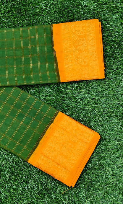 Dark Green Sungudi Cotton Saree with Golden Checks & Rich Mustard Elephant Border