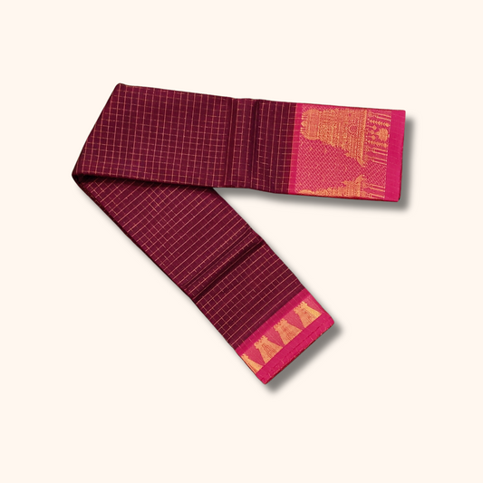 Pinkish Maroon Chettinad Cotton Saree with Gopuram Border