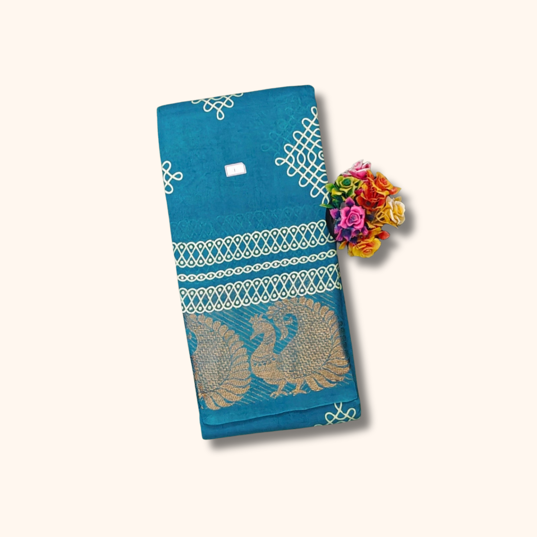 Beautiful Teal Blue Kolam Sungudi Cotton Saree with Peacock Zari Border