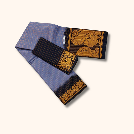 Lavender Blue Sungudi Cotton Saree with Navy Blue Separate Blouse Piece and Peacock Zari Border