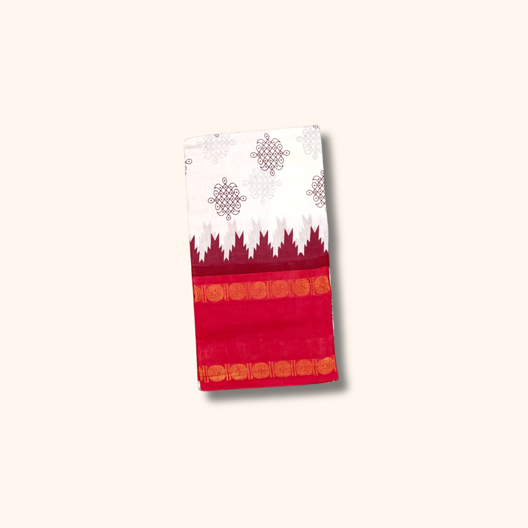 White Cotton Saree with Bright Red Border – Running Blouse