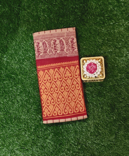 Beige Sungudi Cotton Saree with Leaf Border