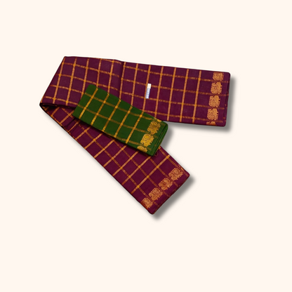 Pavithra Kattam Sungudi Cotton Saree – Deep Maroon with Gold Checks & Traditional Motif Border