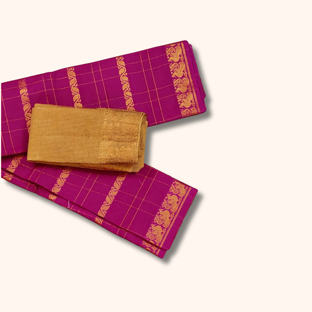 Rani Pink Cotton Saree with Gold Zari Checks & Traditional Peacock Border – Separate Blouse
