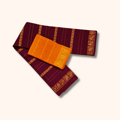 Wine Maroon Cotton Saree with Gold Zari Stripes & Traditional Border – Separate Blouse