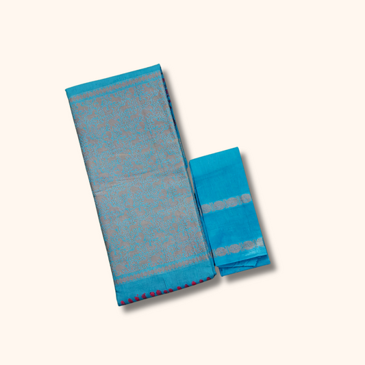 Sky Blue Batik Design Sungudi Cotton Saree with Traditional Zari Border & Separate Blouse Piece