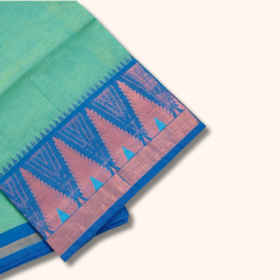 Aqua Blue Chettinad Cotton Saree with Traditional Tower Border