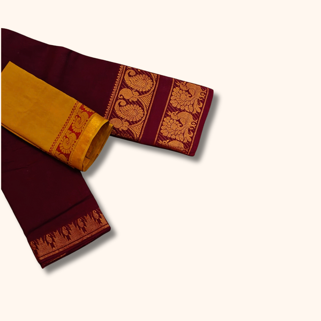 Dark Maroon Cotton Saree with Gold Zari Traditional Border & Mustard Yellow Blouse Piece