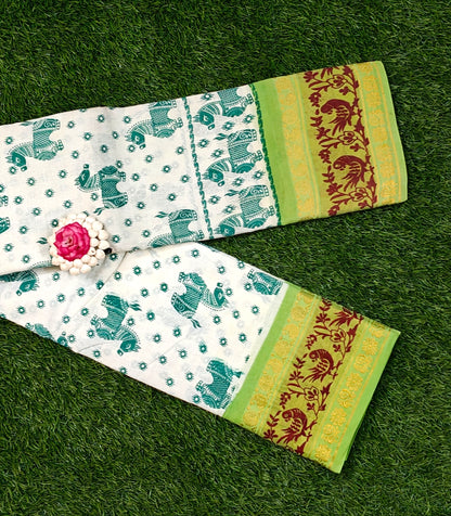Off-White Sungudi Cotton Saree with Green Elephant Motifs & Light Green Border