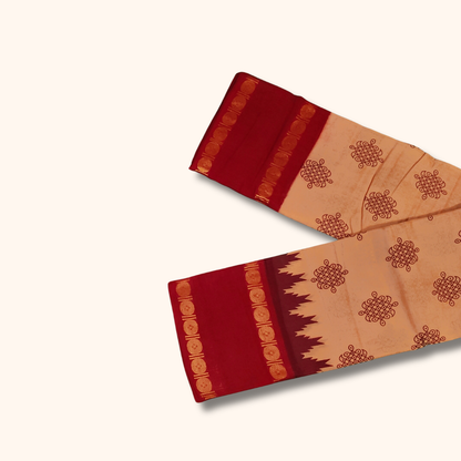Peach Sungudi Cotton Saree with Red Traditional Border – Running Blouse