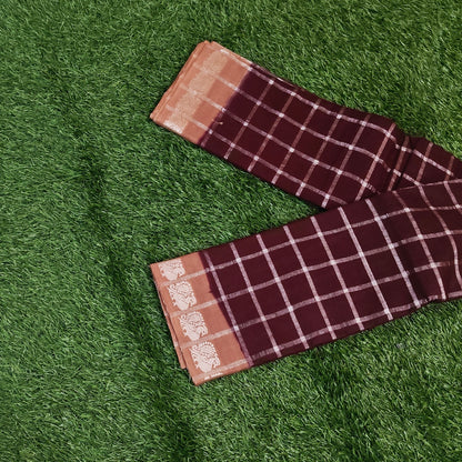 Wine Purple Pavithra Kattam Cotton Saree with Silver Checks