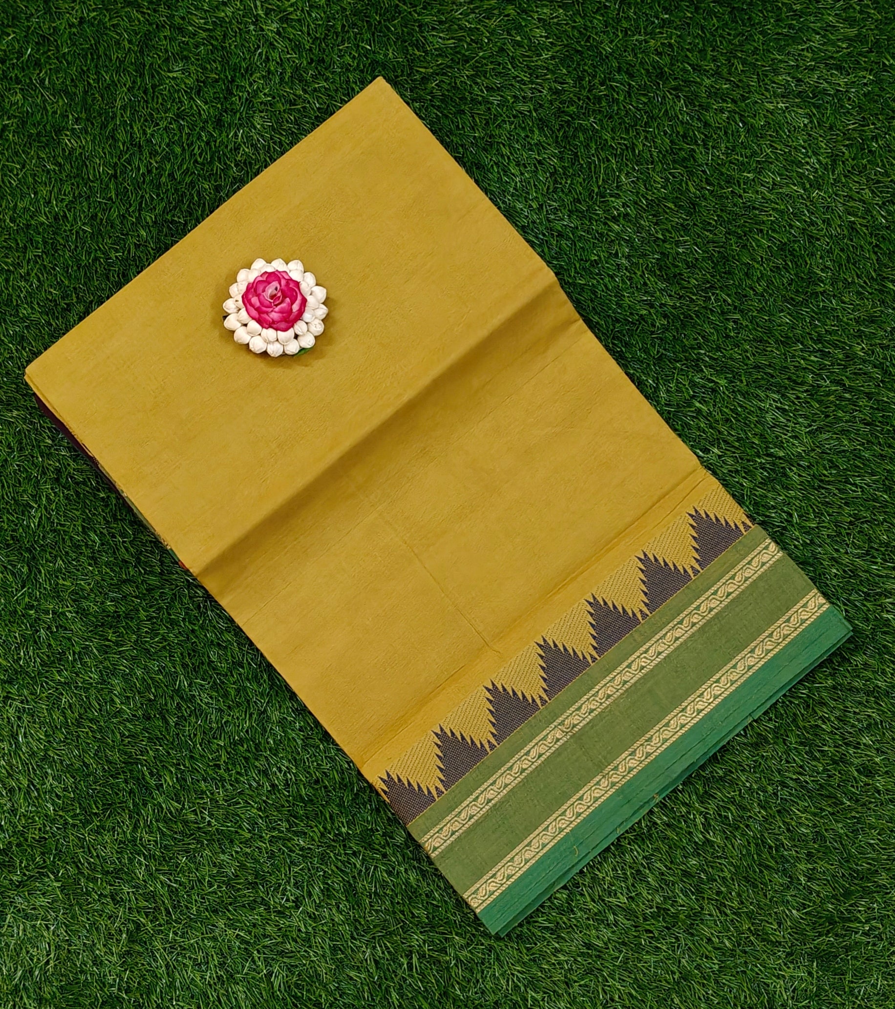 Mustard Yellow Chettinad Cotton Saree with Green Temple Border