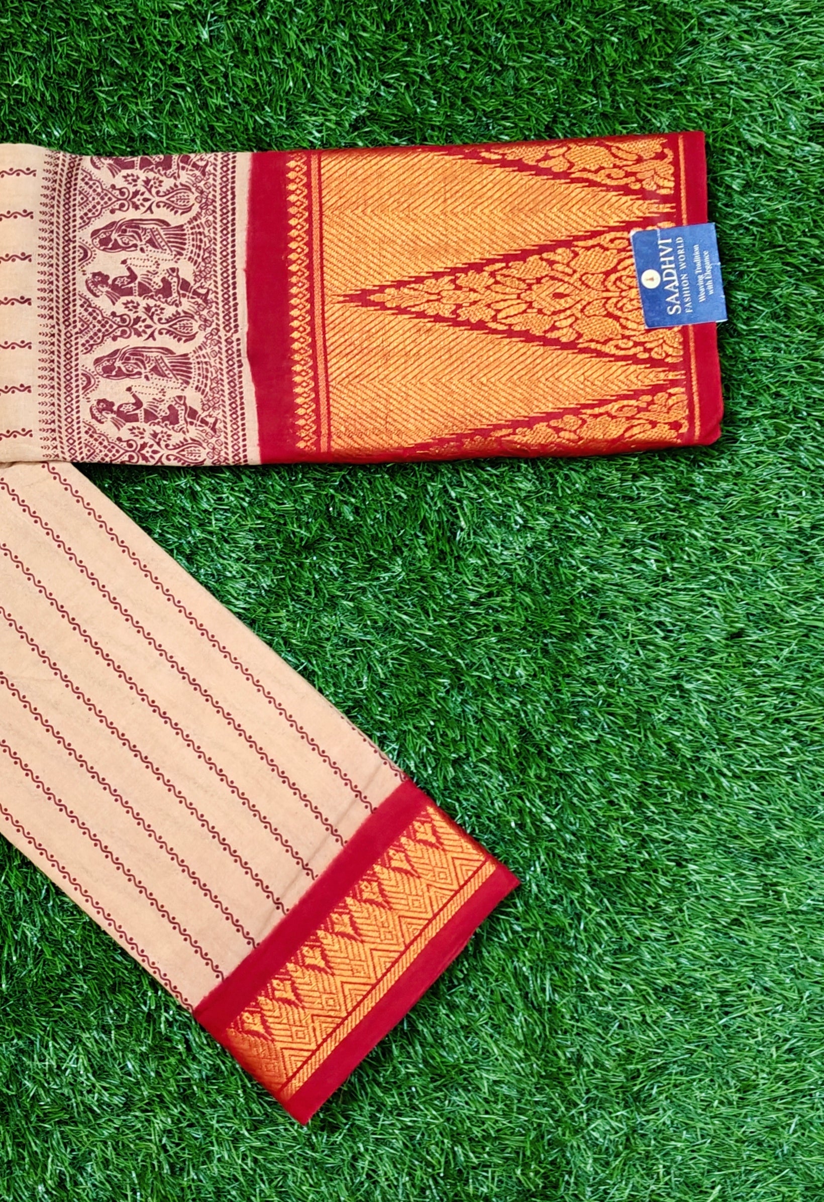 Beige Sungudi Cotton Saree with Rich Maroon Border