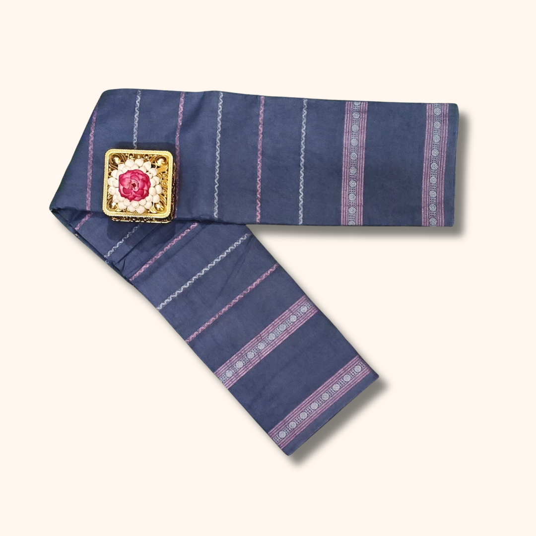Slate Grey Sungudi Cotton Saree with Zari Stripe Design
