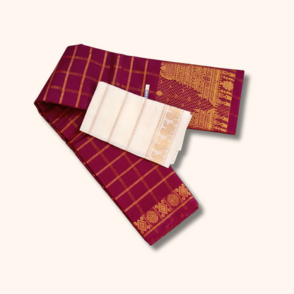 Maroon Checked Cotton Saree with Gold Zari & White Blouse
