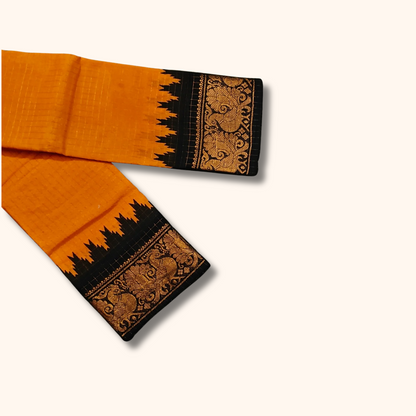 Checked Sungudi Cotton Saree – Mustard Yellow with Black Peacock Zari Border | Running Blouse