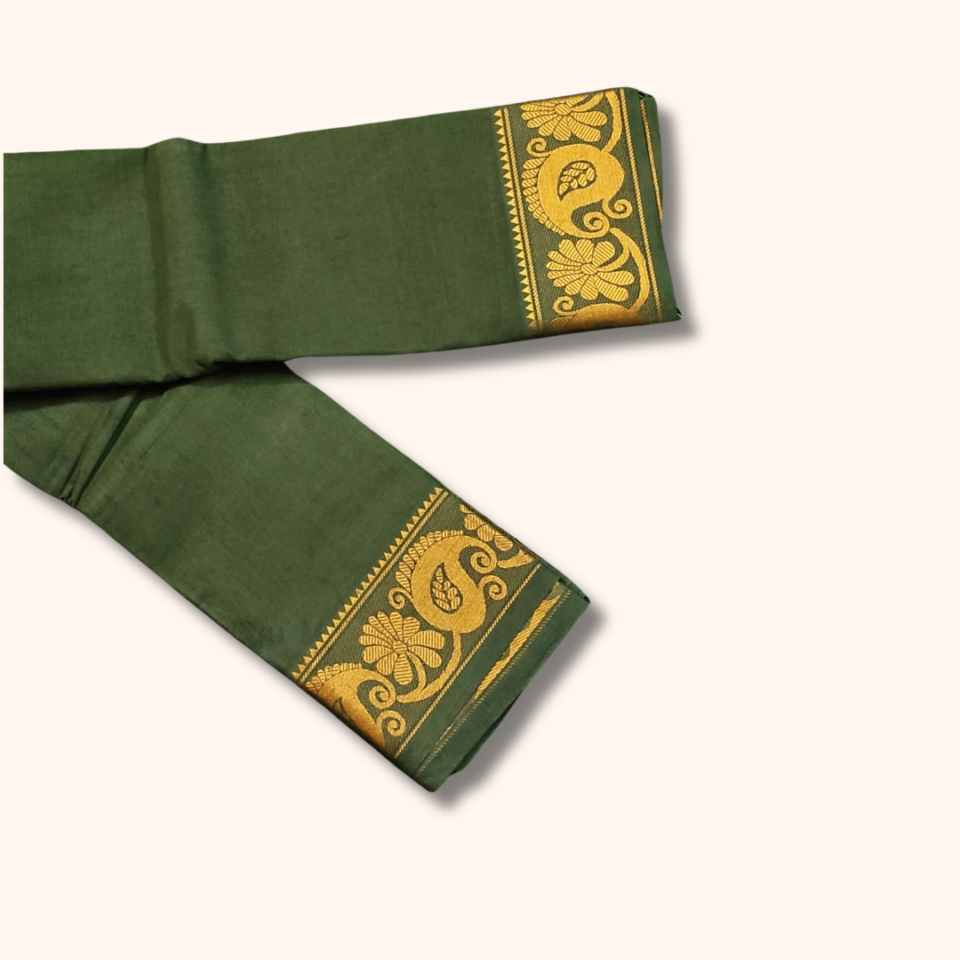 Bottle Green Pure Cotton Saree with Traditional Paisley & Floral Border – Running Blouse