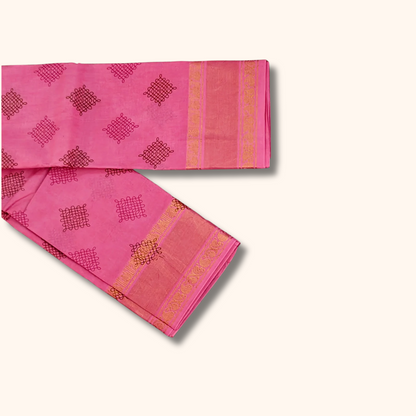 Rose Pink Sungudi Cotton Saree with Kolam Print & Gold Zari Border