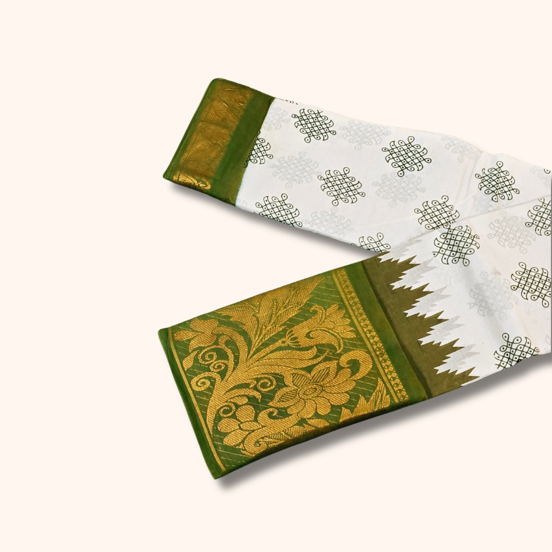 White & Parrot Green Floral Border Kolam Sungudi Cotton Saree