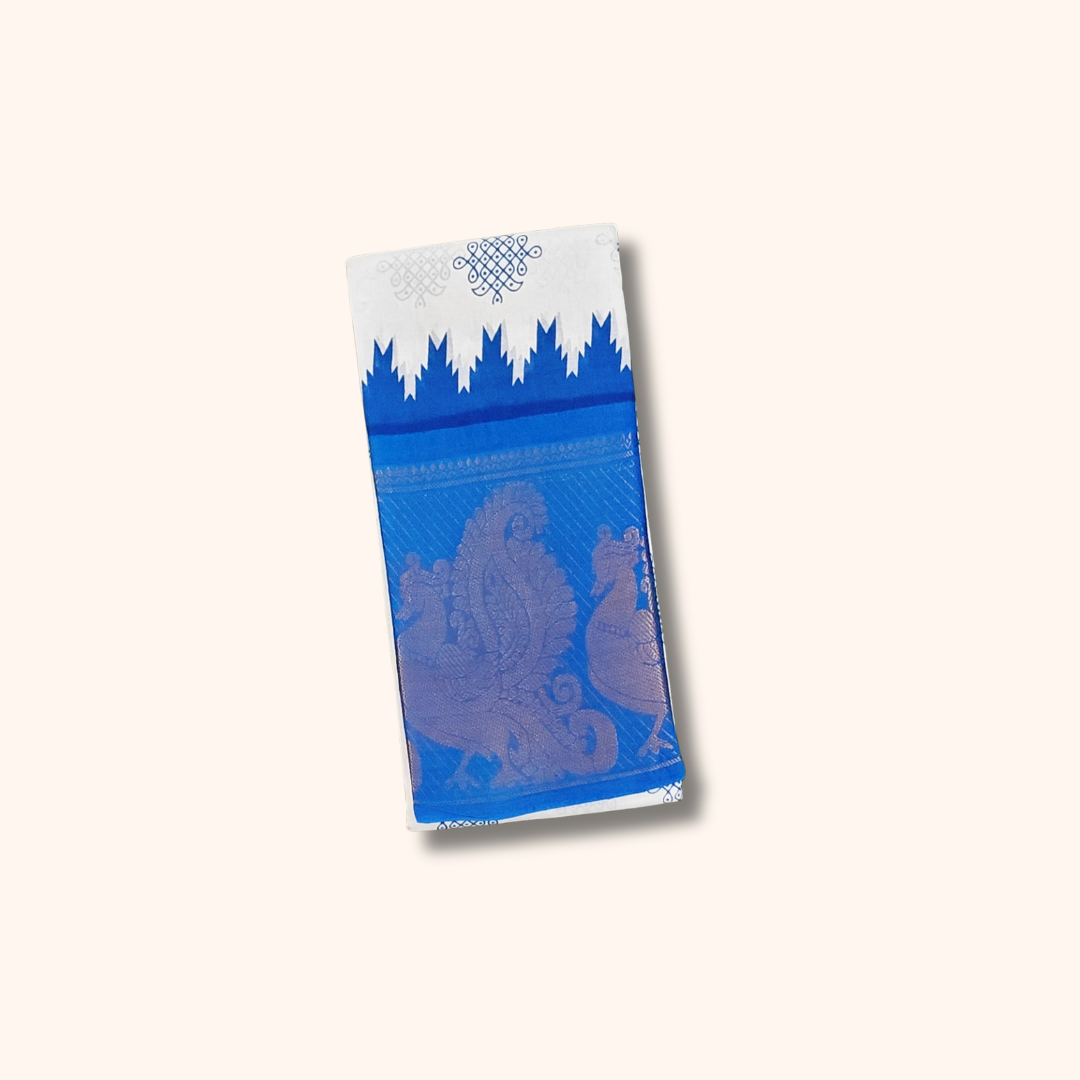 Cream Sungudi Cotton Saree with Royal Blue Contrast Peacock Zari Border