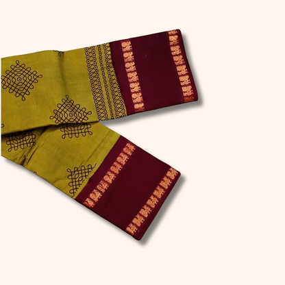 Olive Green & Maroon Kolam Cotton Saree with Running Blouse