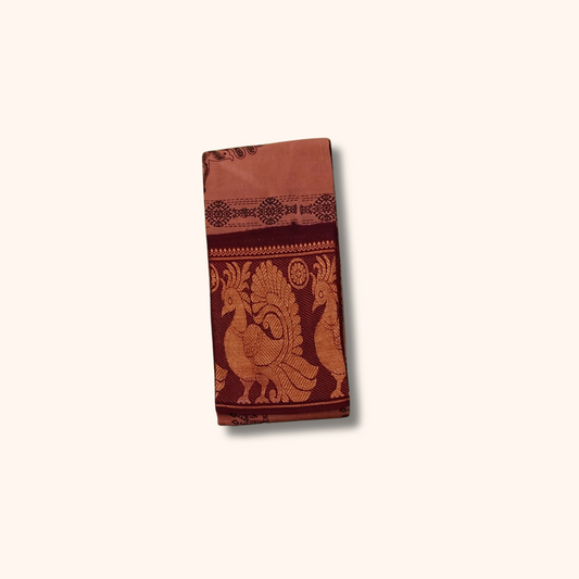 Terracotta Brown Sungudi Cotton Saree with Maroon & Gold Zari Peacock Border