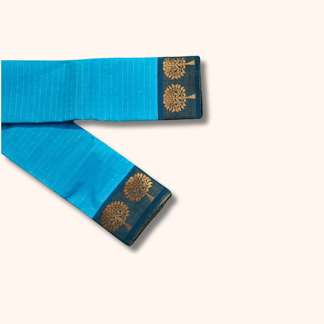 Sky Blue Chettinad Cotton Saree with Tree Motif Gold Zari Border Without Blouse