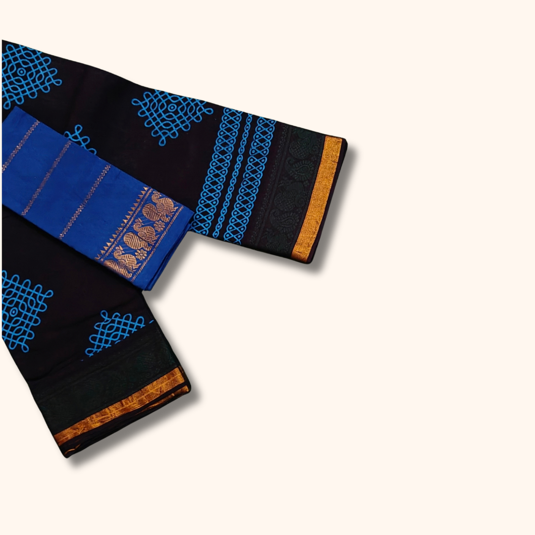 Dark Coffee Brown Pure Sungudi Cotton Saree with Blue Kolam Motifs & Gold Zari Border – Separate Blouse Piece