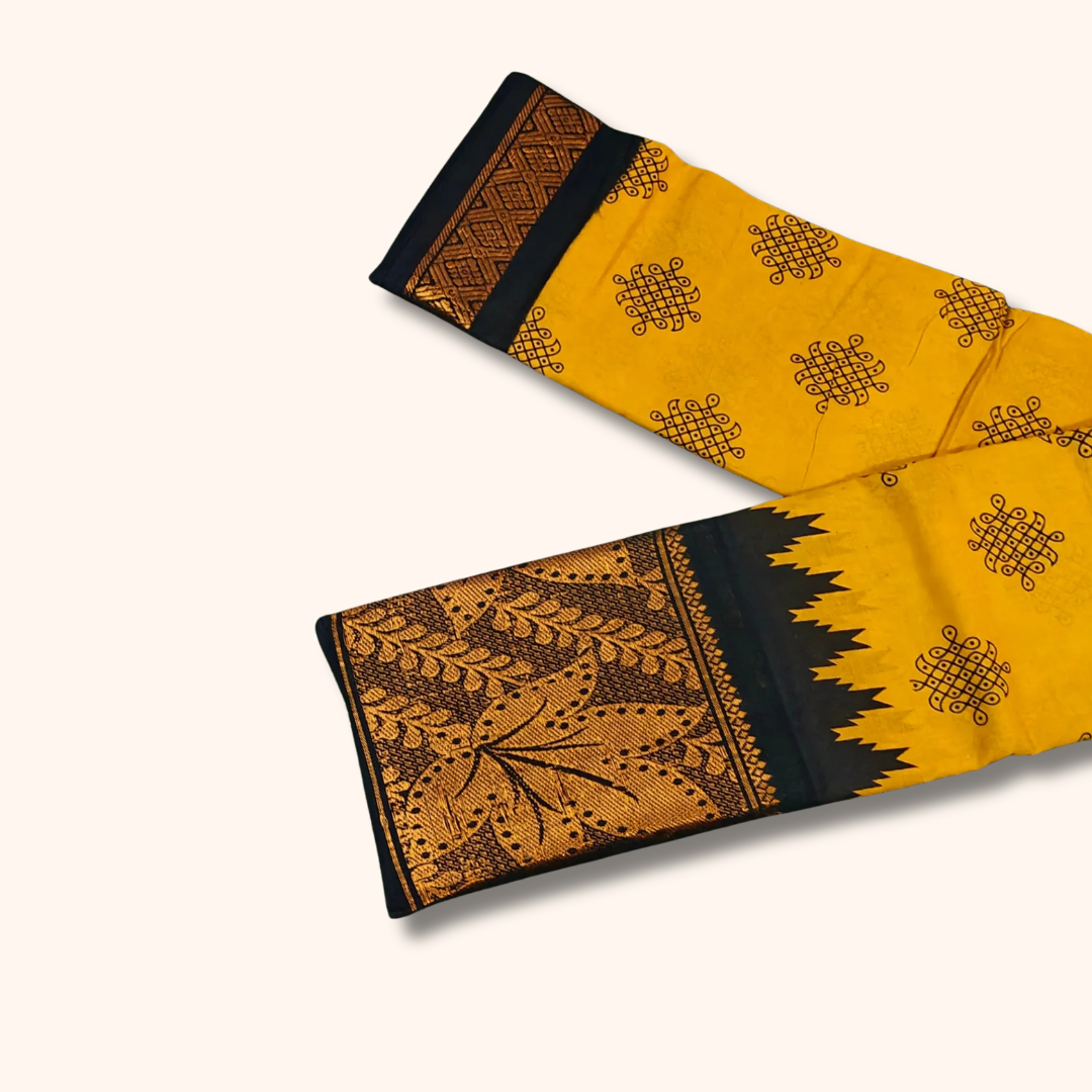 Mustard Yellow Kolam Cotton Saree with Black Rich Floral Pallu