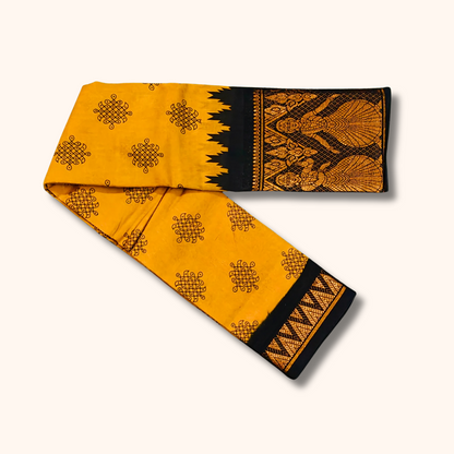 Mustard Yellow Kolam Sungudi Cotton Saree with Black Temple Border