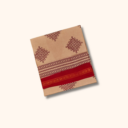 Light Beige Sungudi Cotton Saree with Bright Red Border