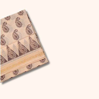 Cream Paisley Print Cotton Saree with Geometric Border