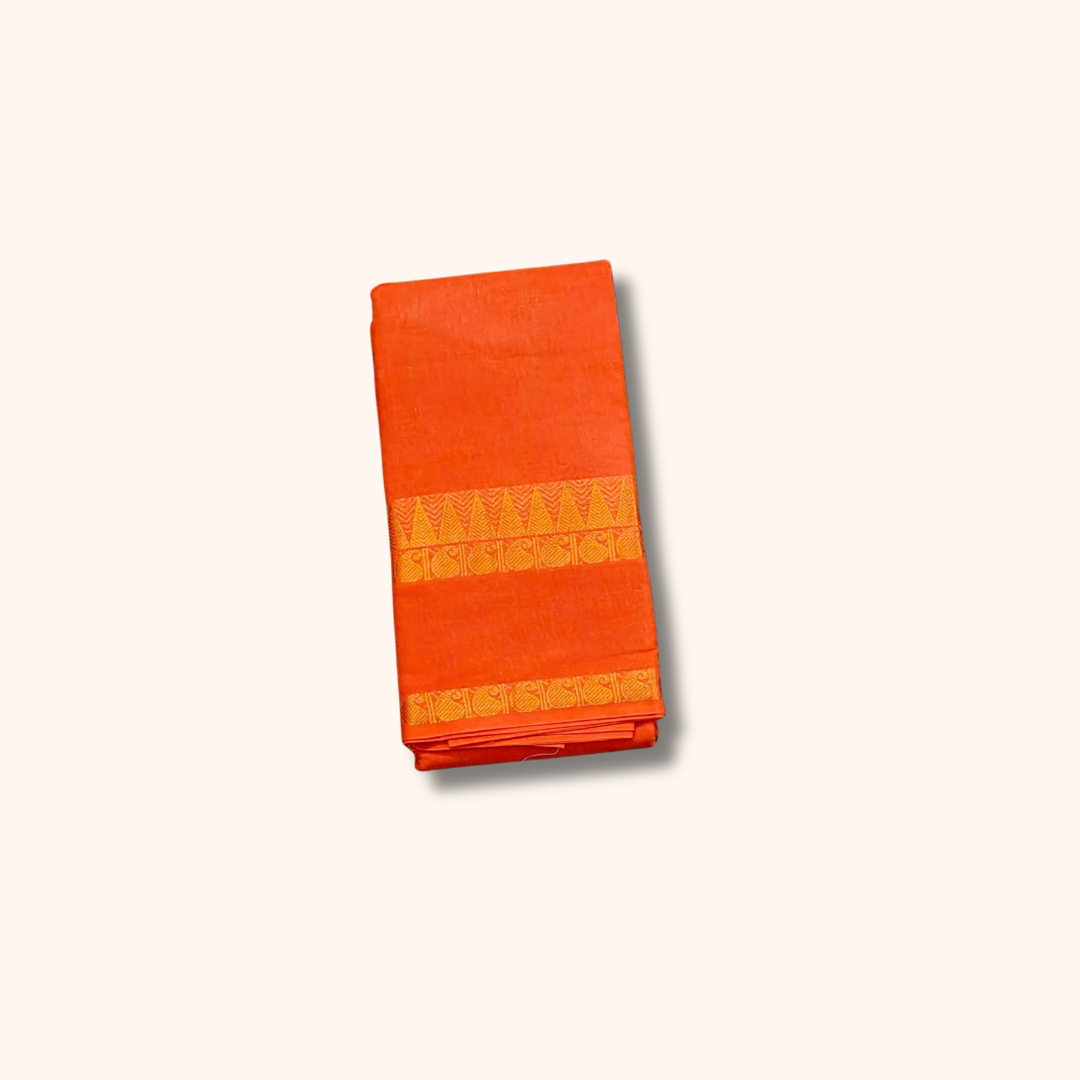Orange Cotton Saree with Gold Zari Stripes & Traditional Border – Running Blouse Included