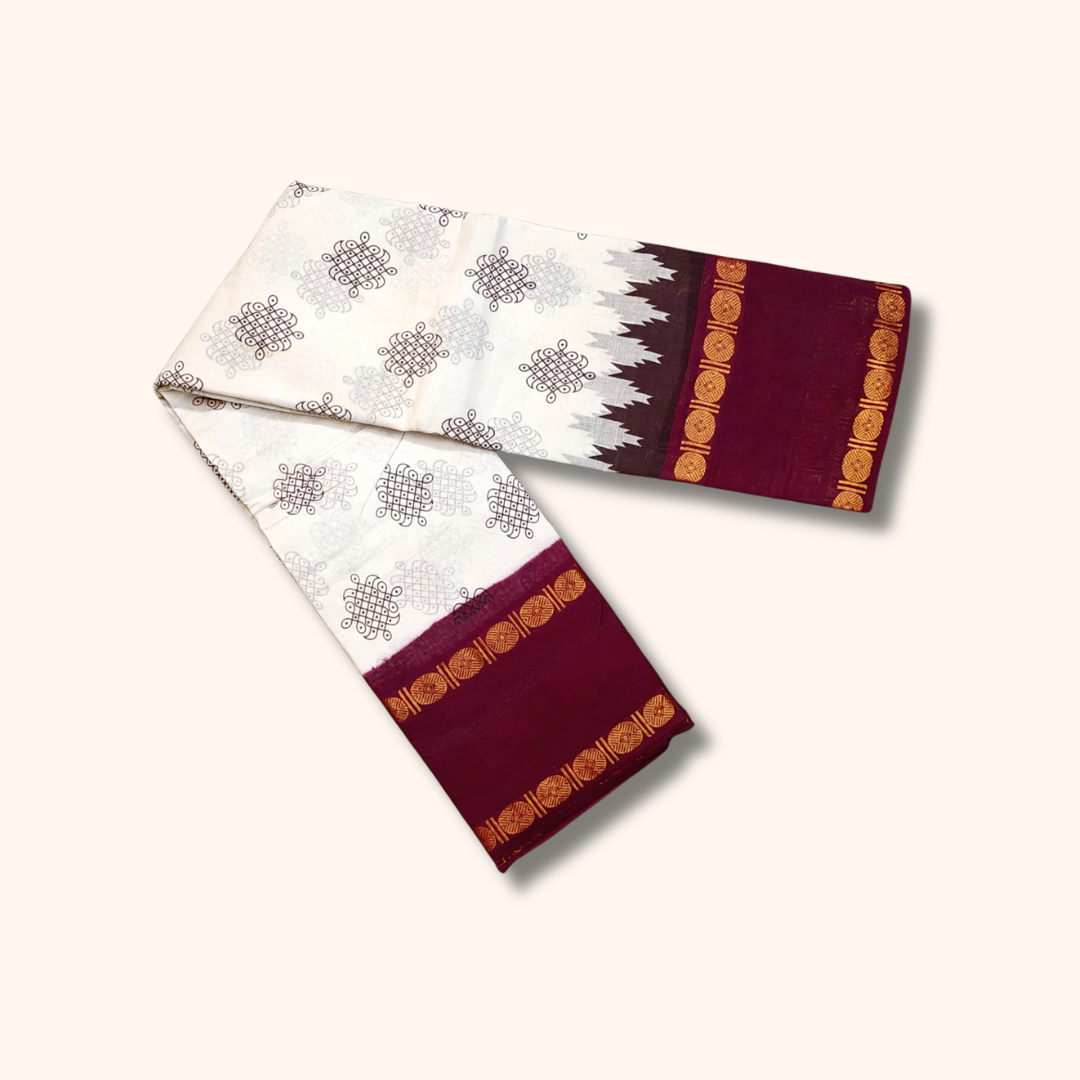 White Cotton Saree with Maroon Border – Running Blouse