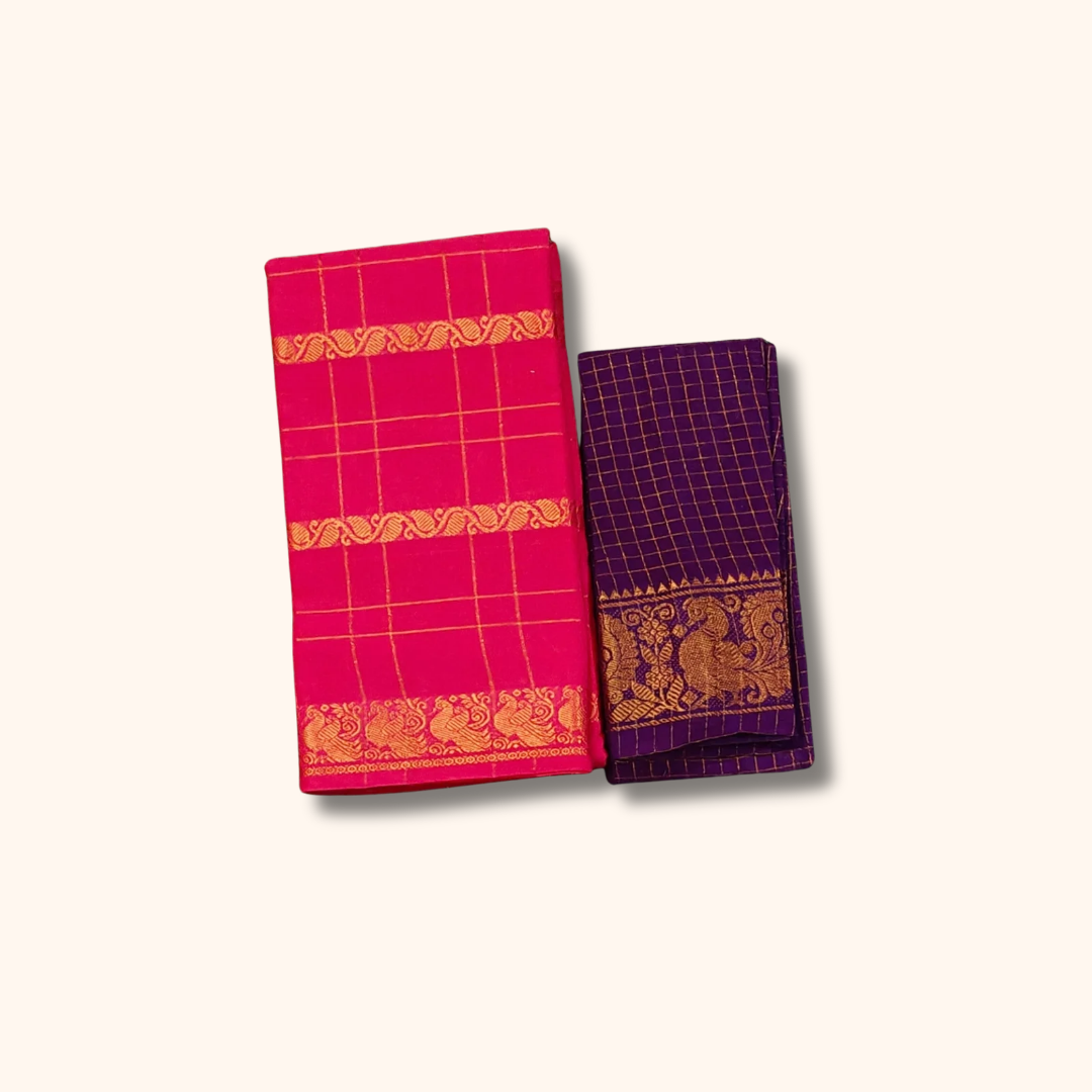 Rani Pink Pure Cotton Saree with Contrast Blouse Piece