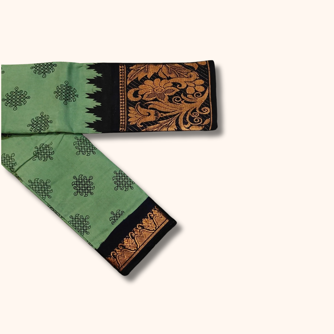 Mint Green Kolam Sungudi Cotton Saree with Black Floral Heritage Border