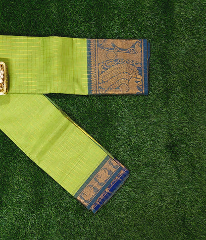Parrot Green Checked Chettinad Cotton Saree with Peacock Zari Border