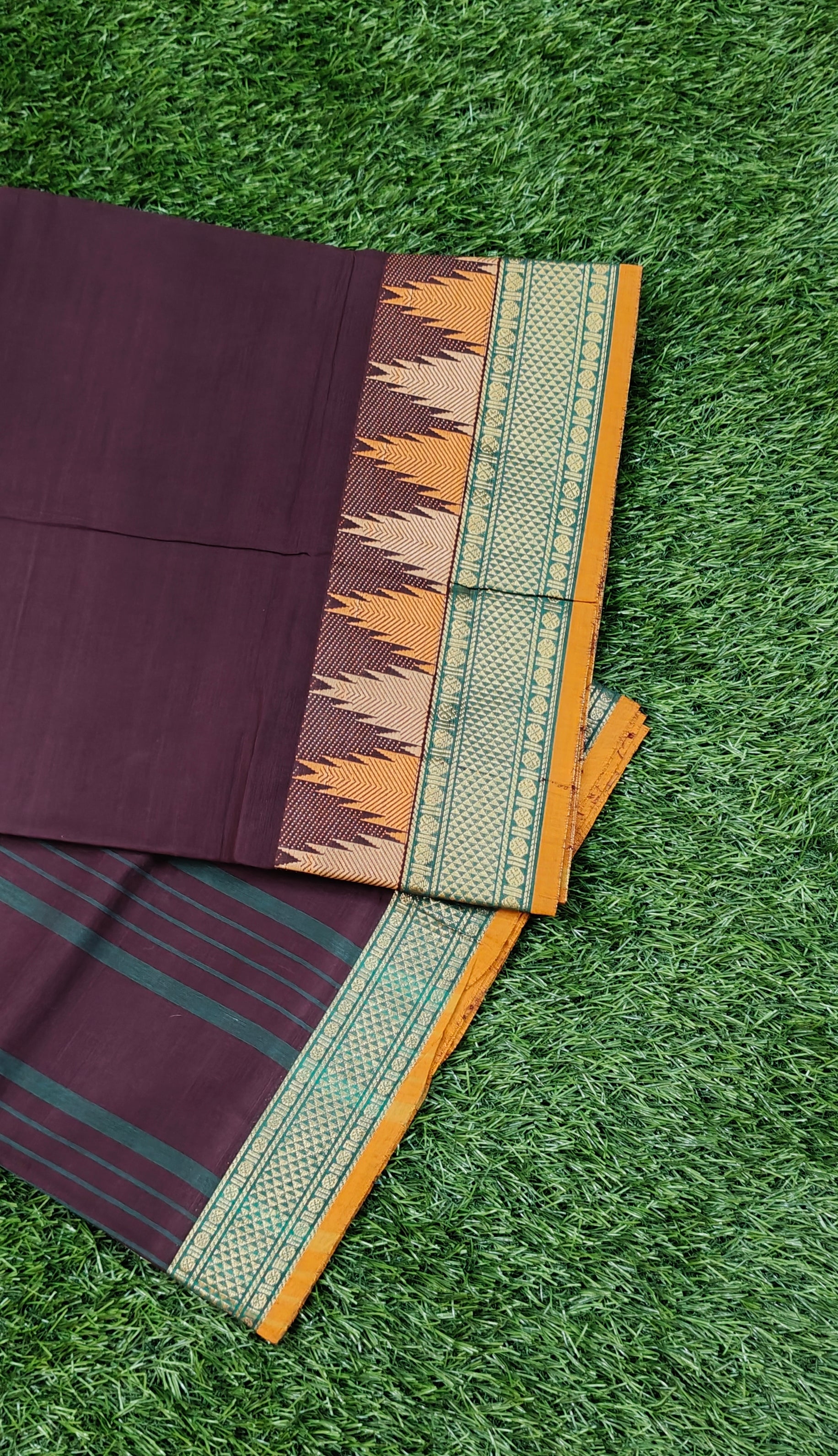 Wine Maroon Chettinad Cotton Saree with Traditional Temple Border