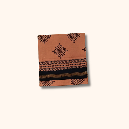 Terracotta Brown Kolam Design Cotton Saree with Black Border