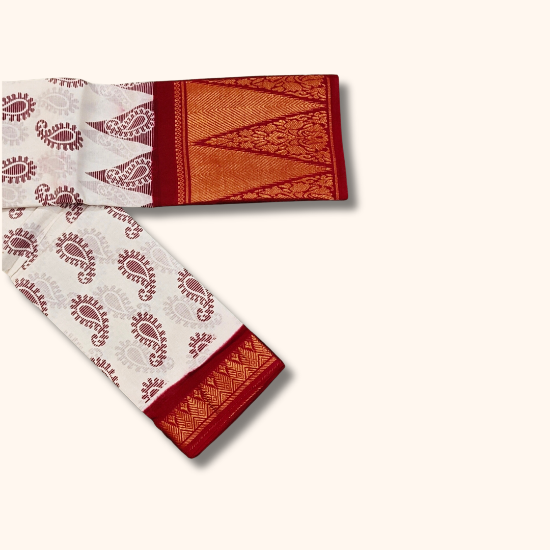 White Paisley Print Cotton Saree with Red Temple Border
