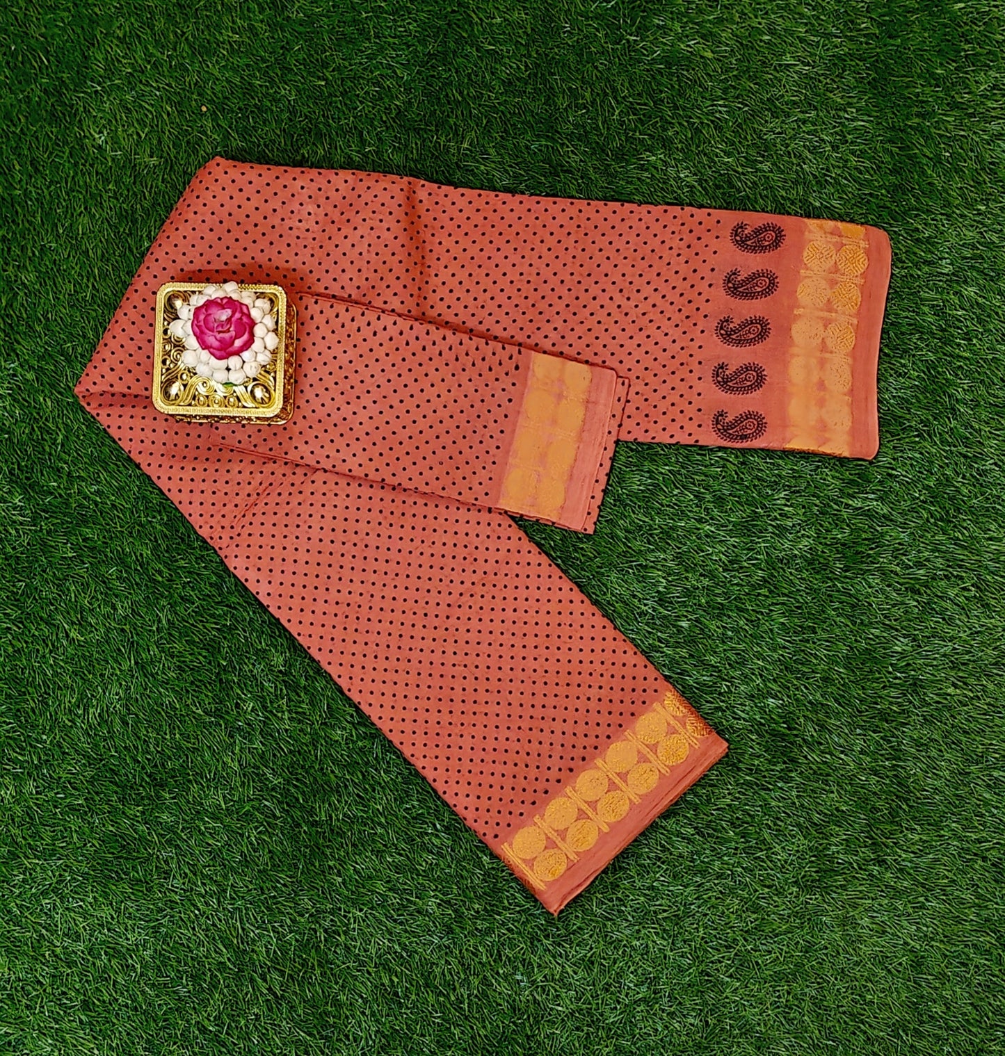 Tomato Orange Sungudi Cotton Saree with Traditional Dot Design