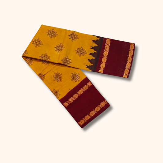 Mustard Yellow Sungudi Cotton Saree with Maroon Traditional Border – Running Blouse