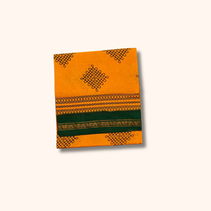 Mustard Yellow Kolam Design Sungudi Saree with Green Border – No Blouse